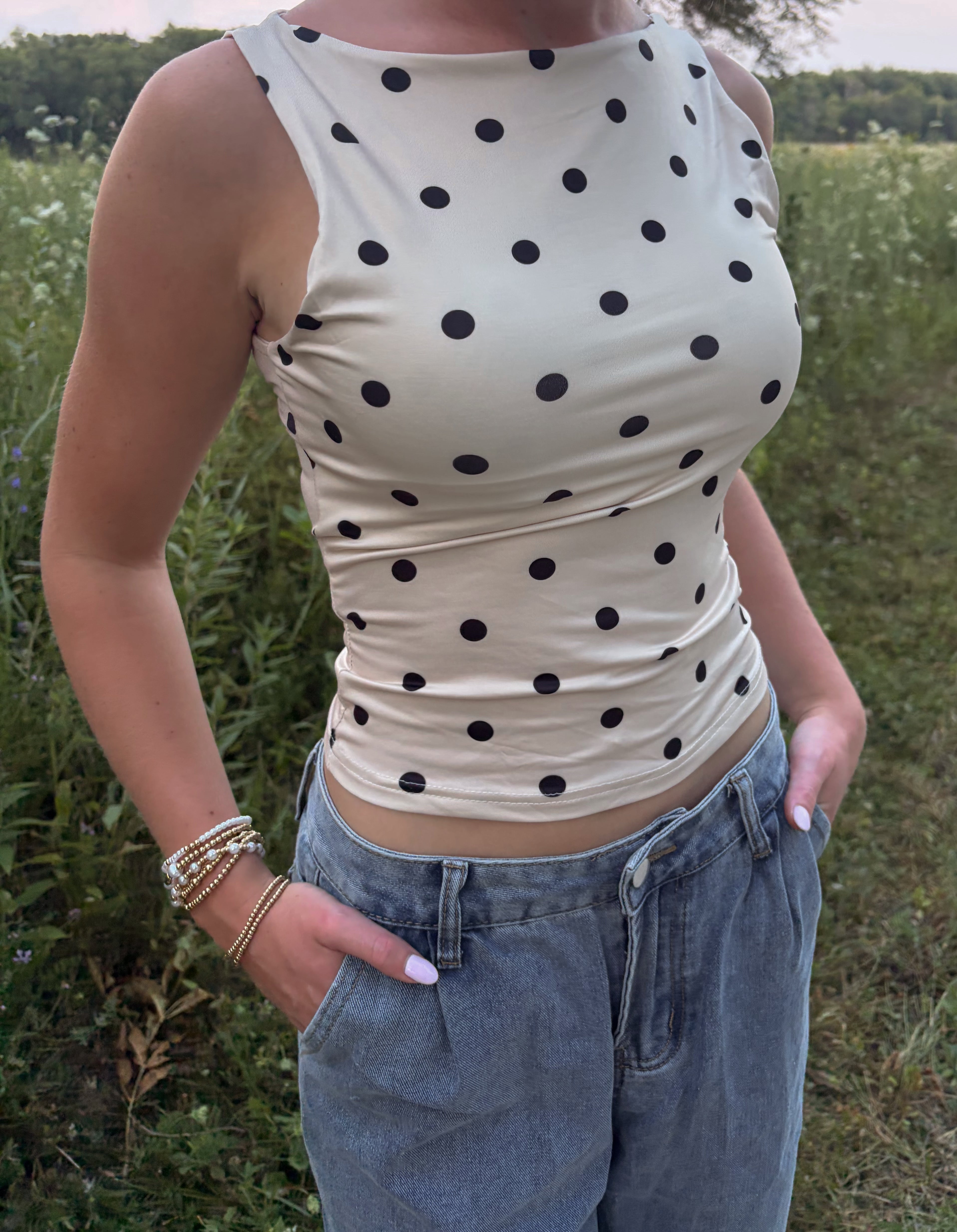 Cream Polka Dot Sleeveless Tank Top