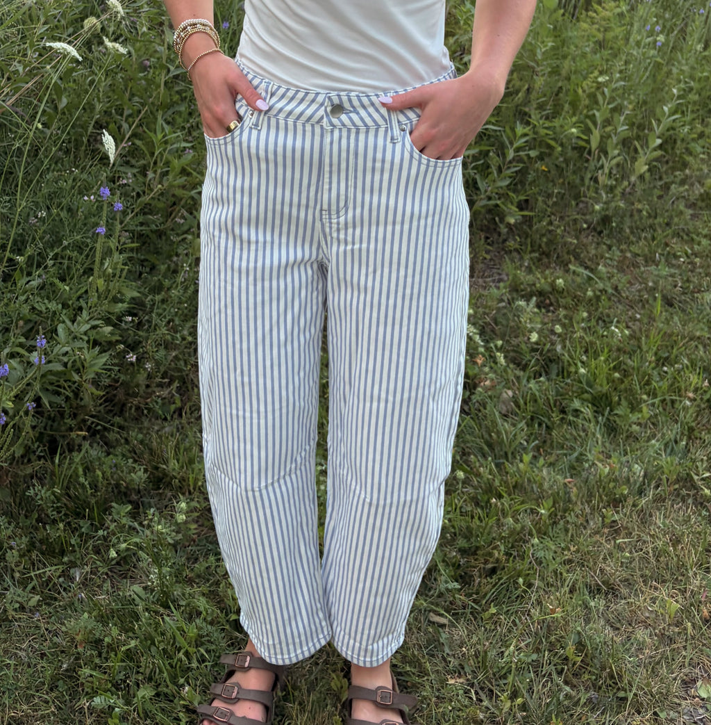Blue Stripe Wide-Leg Barrel Jeans