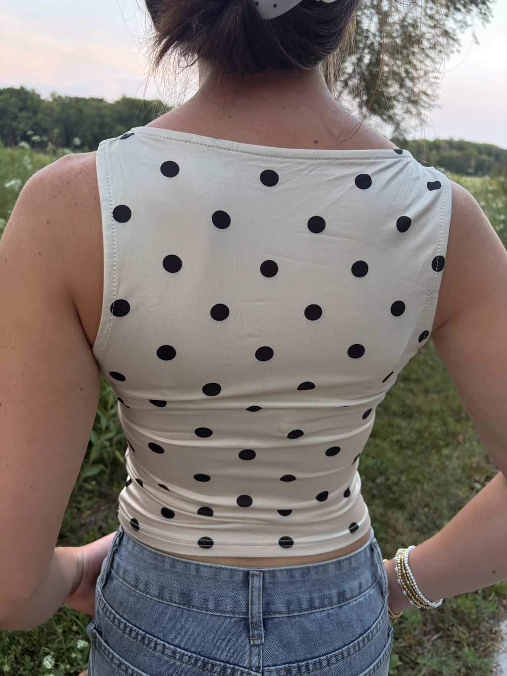 Cream Polka Dot Sleeveless Tank Top