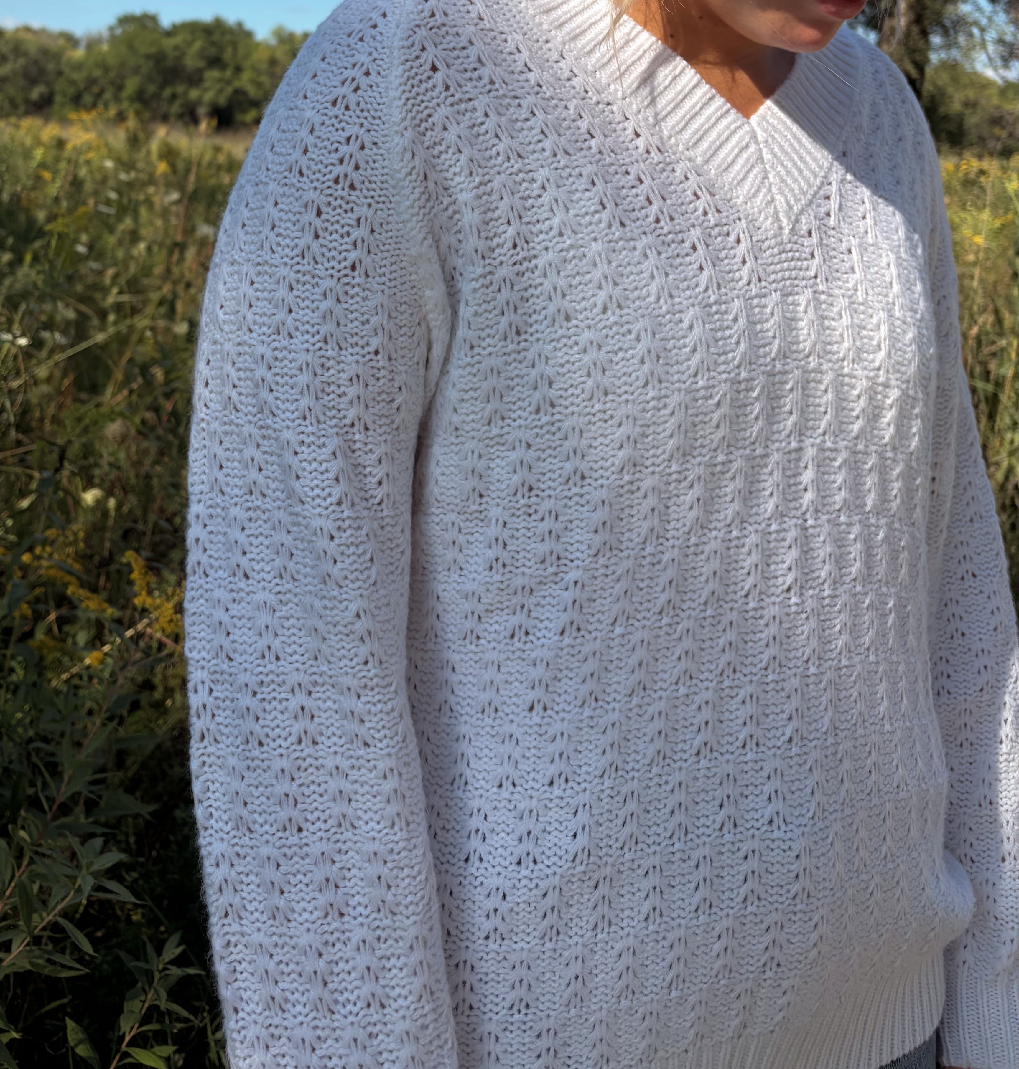 White Knit V-Neck Sweater