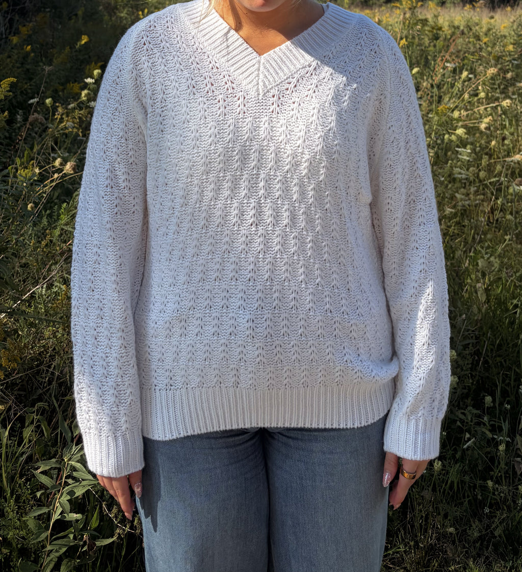 White Knit V-Neck Sweater